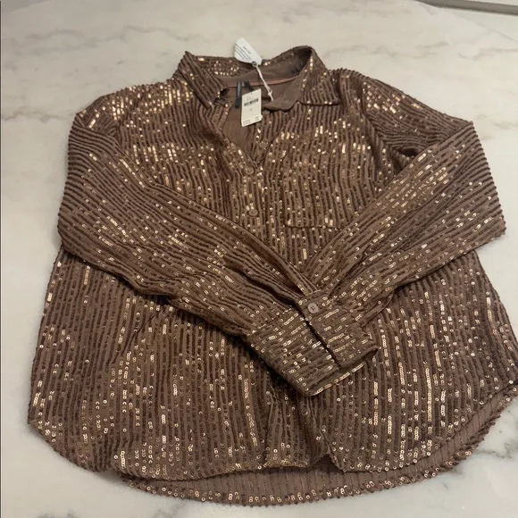 NWT Anthropologie Brown Sequin Blouse with attached lining - Picture 6 of 9